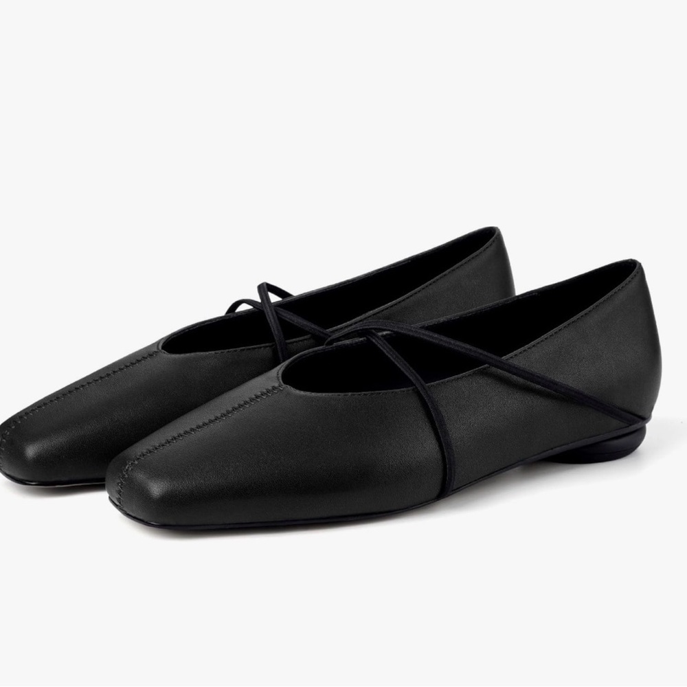 Women's Black Square-Toe Ballet Flats with Wrap Straps